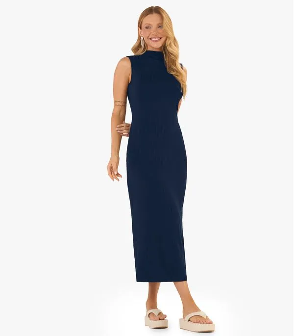 Vestido Midi Ribana Canelada Rovitex Azul P