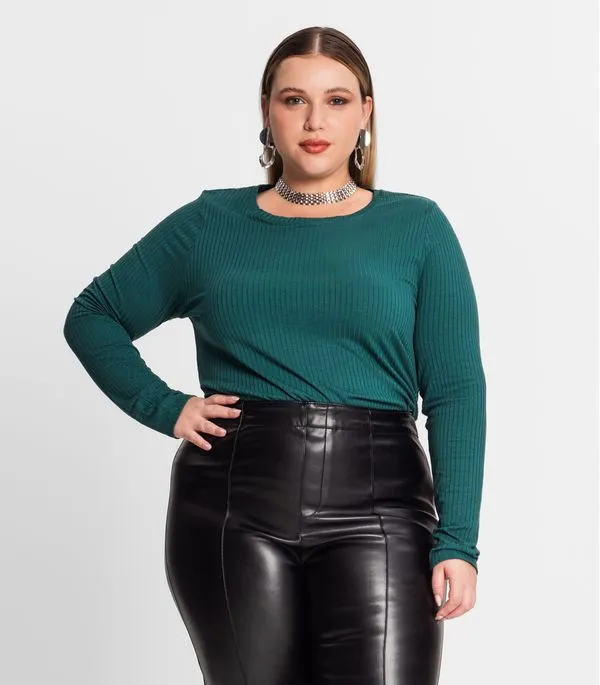 Blusa Manga Longa Ribana Canelada Secret Glam Verde Plus G1