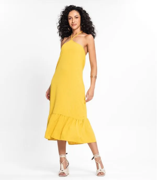 Vestido Midi de Alça e Babados em Air Flow Rovitex Amarelo G