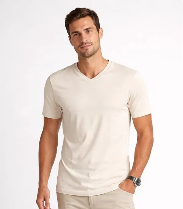 Camiseta Masculina Básica Com Gola Em V Select Bege M