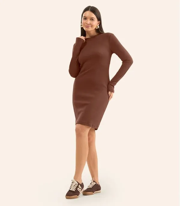 Vestido Feminino Manga Longa Ribana Básico Rovitex Marrom GG