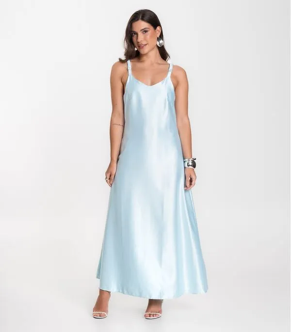 Vestido Longo Feminino De Cetim E Alcinha Select Azul GG