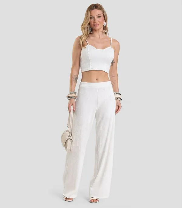 Calça Pantalona Feminina Texturizada Fluída Dianna Bege GG