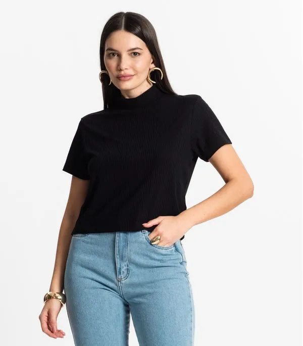 Blusa Feminina Canelada Viscose Manga Curta Select Preto P