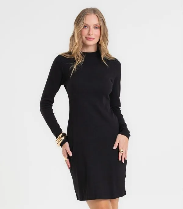 Vestido Feminino Manga Longa Ribana Básico Rovitex Preto G