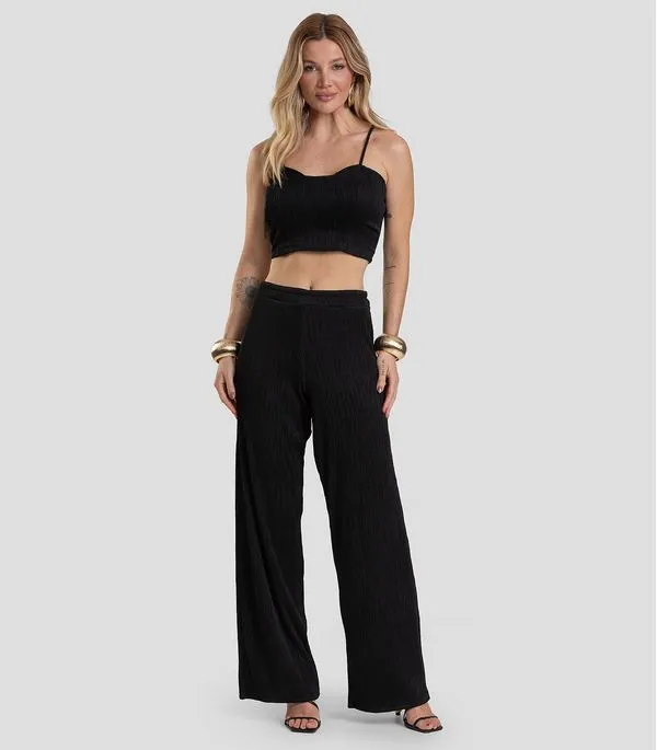 Calça Pantalona Feminina Texturizada Fluída Dianna Preto PP
