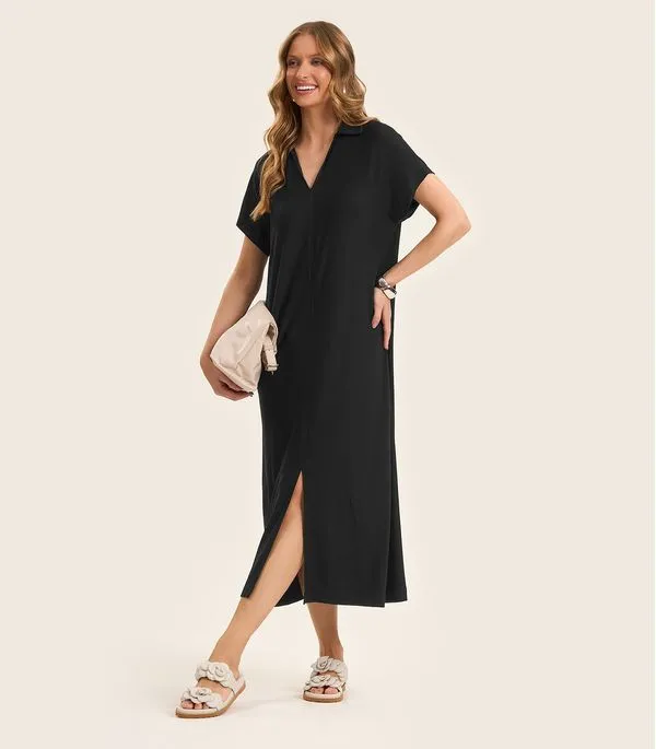 Vestido Midi em Visco Creponada Rovitex Preto GG