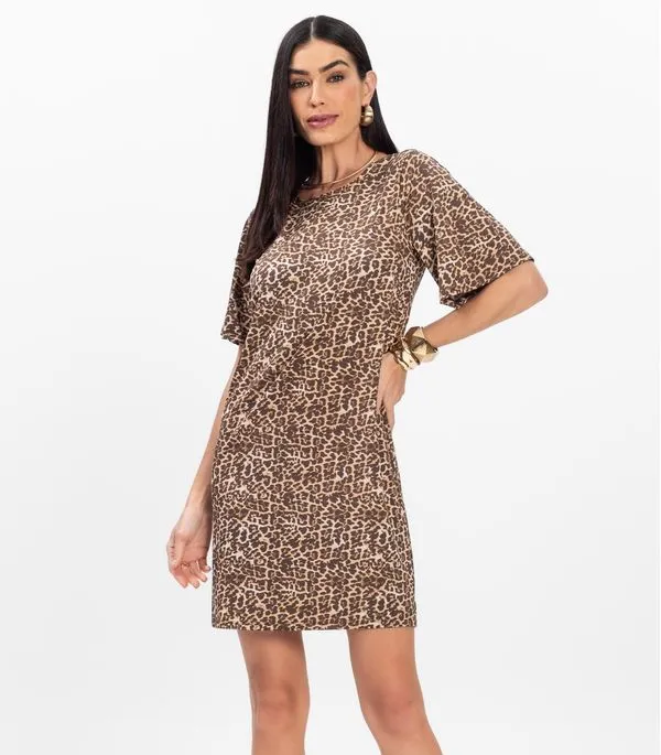 Vestido Curto Estampado Feminino Rovitex Marrom M