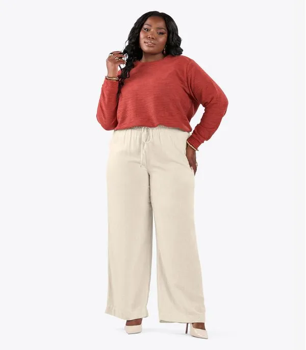 Calça Pantalona Linho Plus Size Secret Glam Bege Plus G2