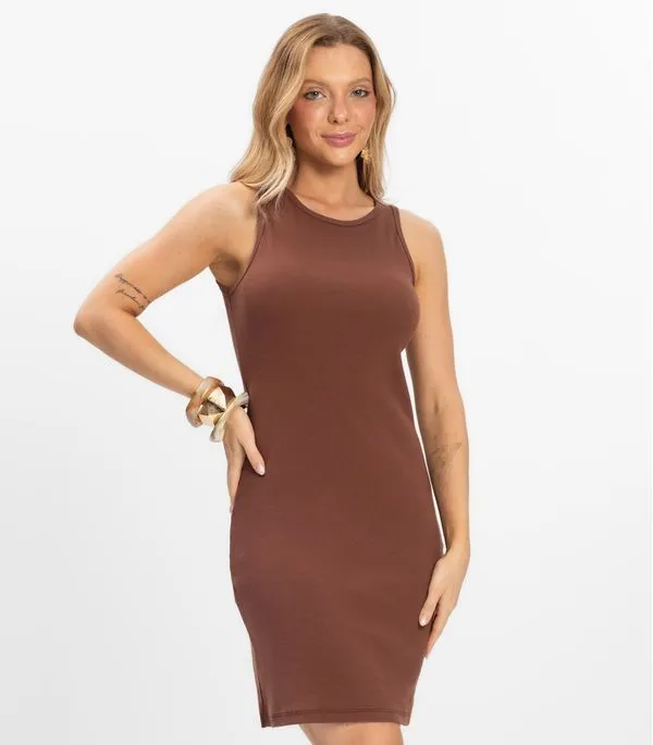Vestido Feminino em Ribana Canelada Infinita Cor Marrom G