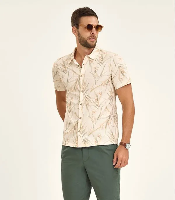 Camisa Masculina Manga Curta Meia Malha Diametro Bege P