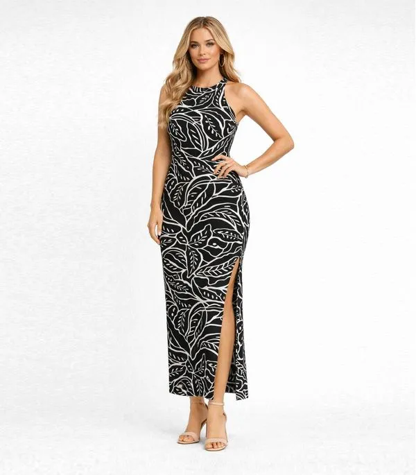 Vestido Longo Estampado Sem Manga Infinita Cor Preto M