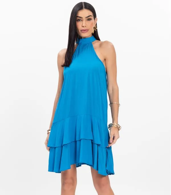 Vestido Curto Feminino Em Viscose Style Box Azul P