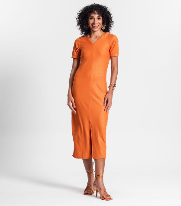 Vestido Midi Ribana Canelada Lurex Rovitex Laranja M
