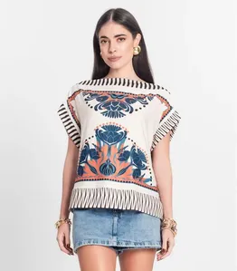Blusa Feminina Manga Curta Estampada Donna Bege G