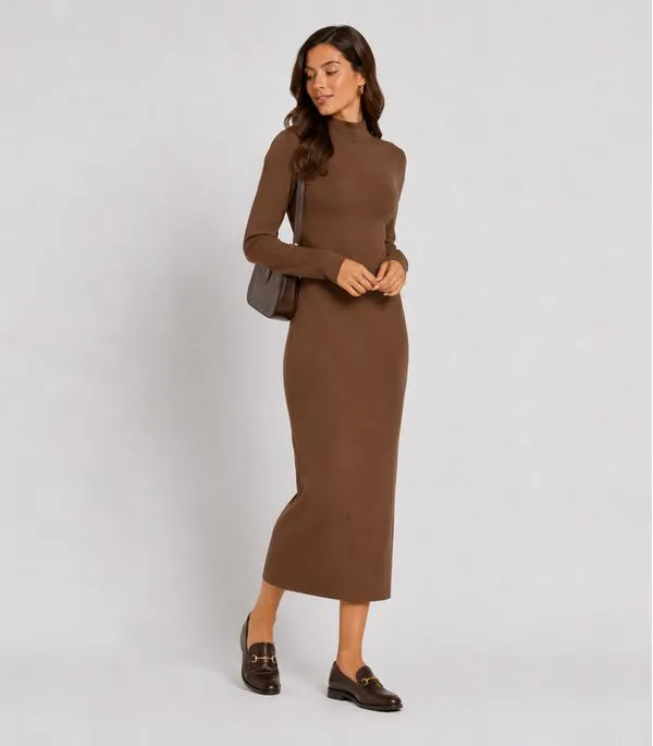 Vestido Midi Manga Comprida Gola Alta Infinita Cor Marrom G