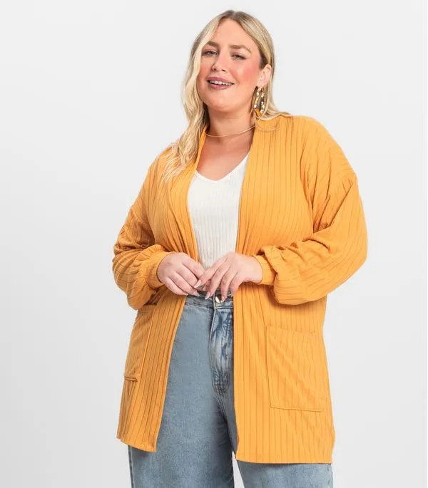 Cardigan Feminino Pluz Size Infinita Cor Amarelo Plus G1