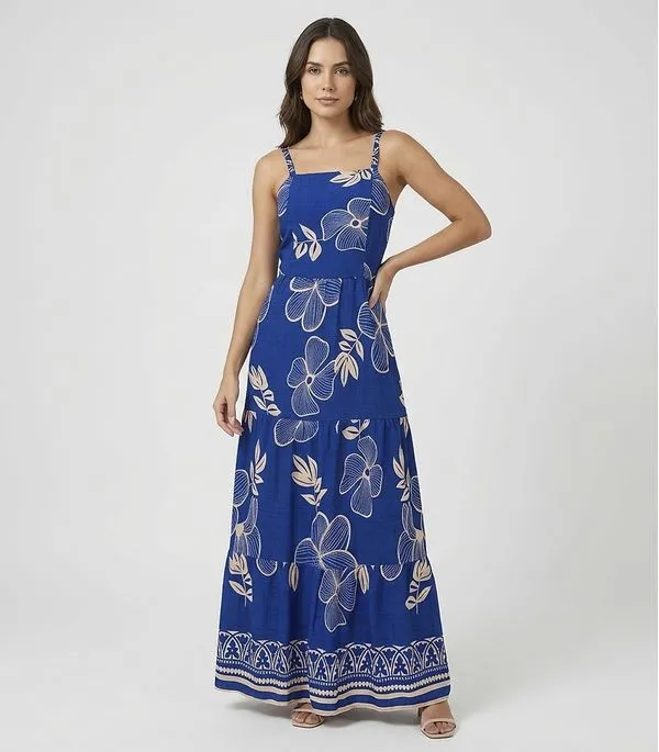 Vestido Longo Feminino Lastex Estampado Select Azul G