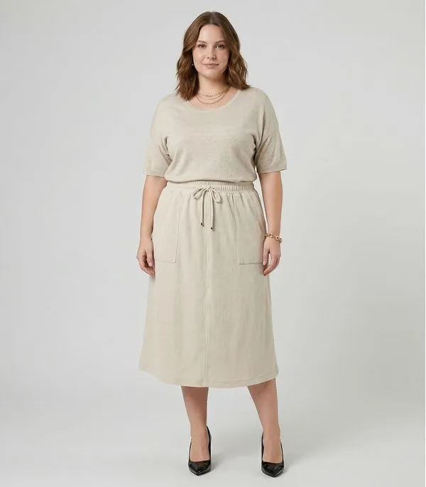Saia Midi Com Bolso Plus Size Secret Glam Bege Plus G1