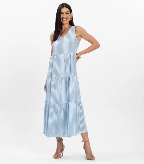 Vestido Midi Feminino Listrado Decote V Aishty Azul M