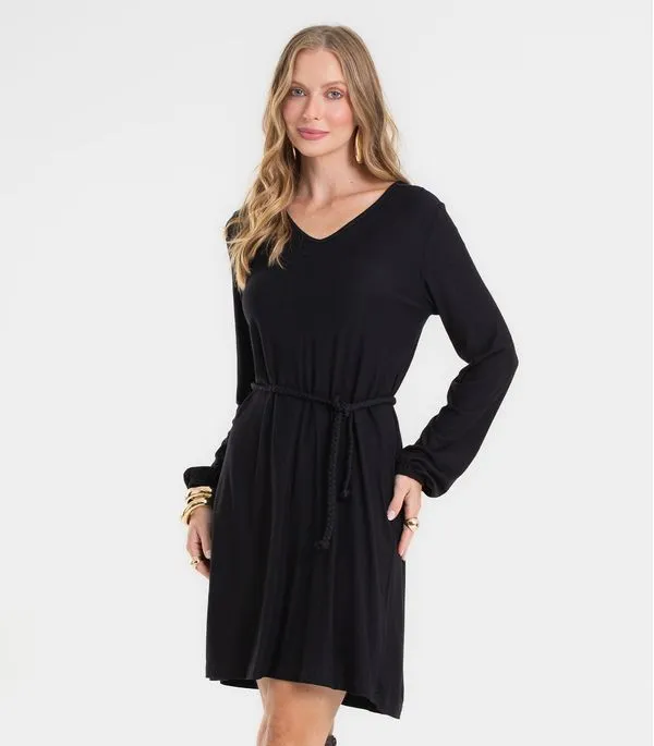 Vestido Feminino Manga Longa Com Cinto Rovitex Preto P