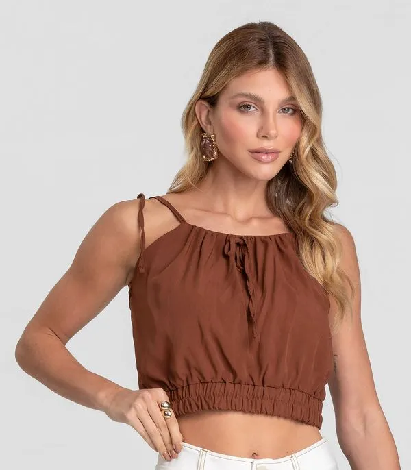 Blusa Cropped Feminina De Alça Em Viscose Dianna Marrom P