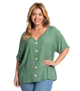 Camisa Feminina Plus Size Estampada Secret Glam Verde Plus G3