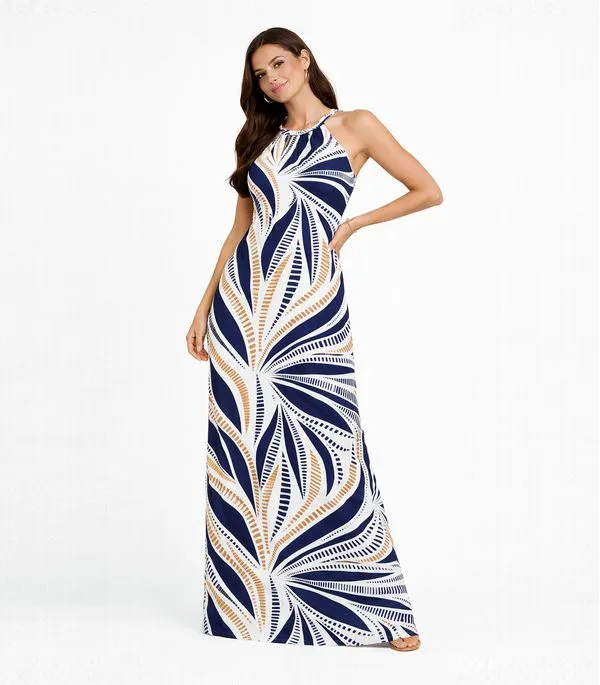 Vestido Longo Estampado Sem Manga Infinita Cor Bege M