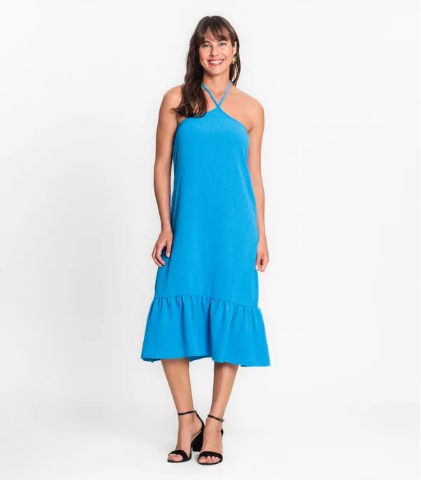 Vestido Midi de Alça e Babados em Air Flow Rovitex Azul GG