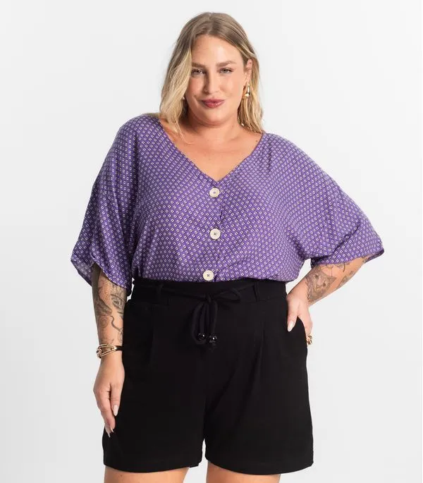Camisa Feminina Plus Size Estampada Secret Glam Roxo Plus G2