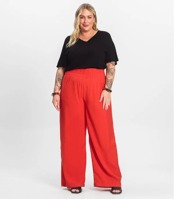Calça Pantalona Plus Size Secret Glam Laranja Plus G1