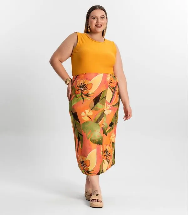 Saia Midi Plus Size Secret Glam Laranja Plus G4