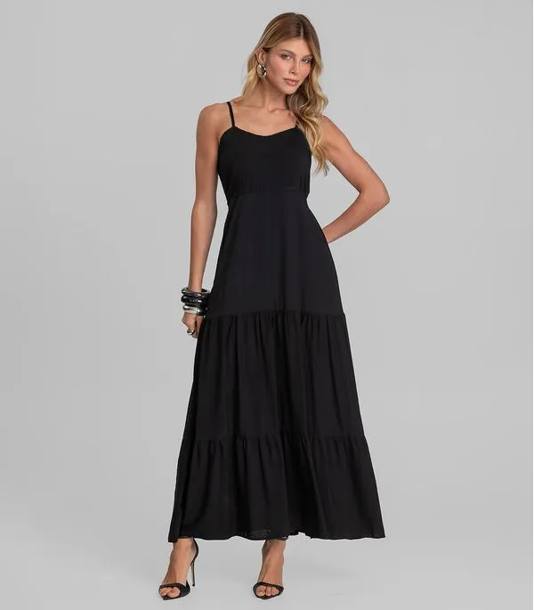 Vestido Longo Feminino De Alça Em Viscose Dianna Preto M