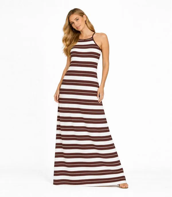 Vestido Longo Estampado Sem Manga Infinita Cor Marrom P