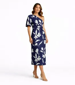 Vestido Midi Feminino Manga Única Donna Azul M