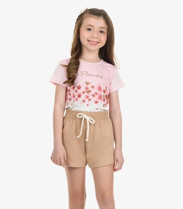 Conjunto Blusa com Shorts Meia Malha Rovi Kids Rosa 12