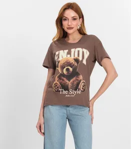 T-Shirt Feminina Manga Curta Estampada Nolita Marrom P