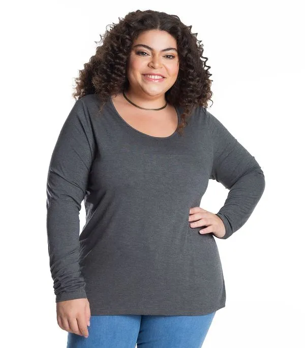 Blusa Manga Longa Viscotorcion Secret Glam Cinza Plus G4