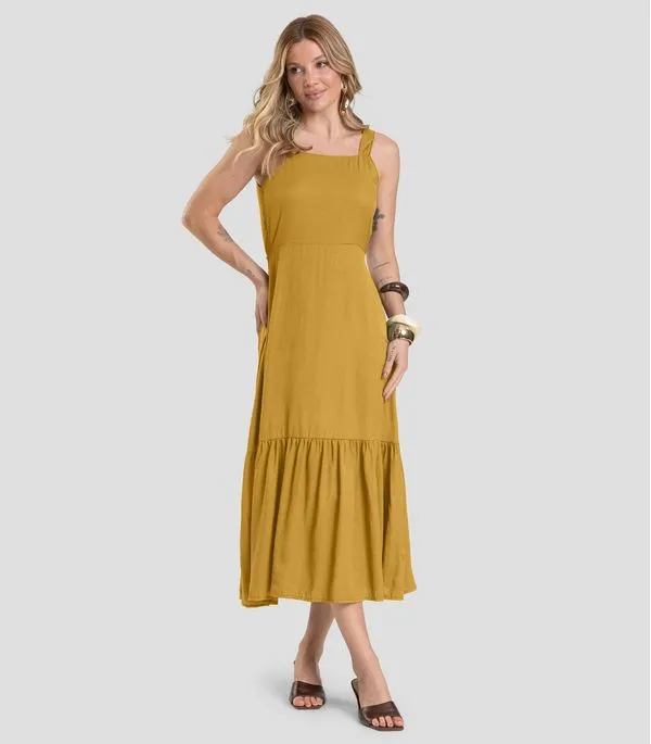 Vestido Midi em Viscose Rajada Dianna Amarelo G