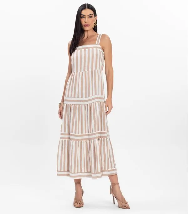 Vestido Midi Feminino Listrado De Alça Aishty Marrom PP