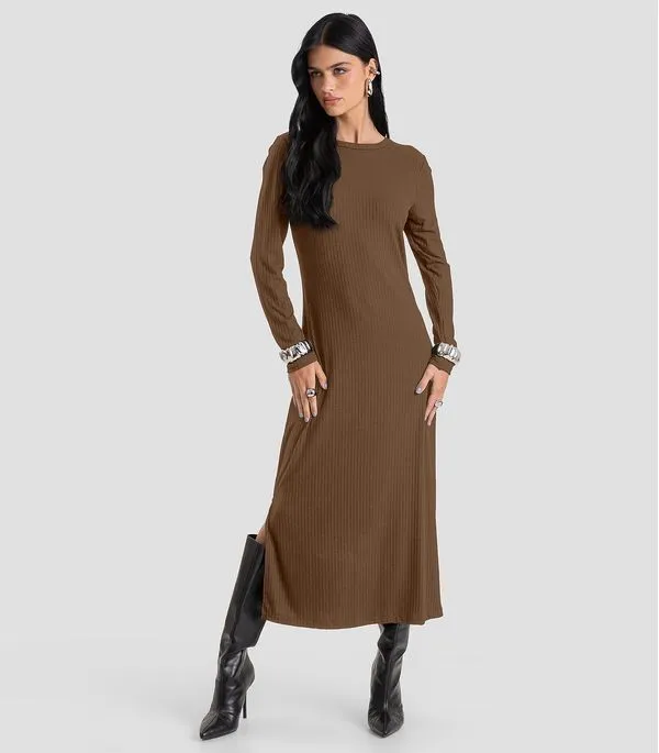 Vestido Feminino Super Midi Canelado Dianna Marrom PP