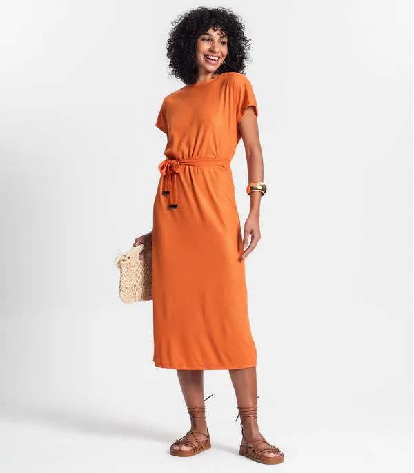 Vestido Midi Em Ribana Canelada Lurex Rovitex Laranja GG