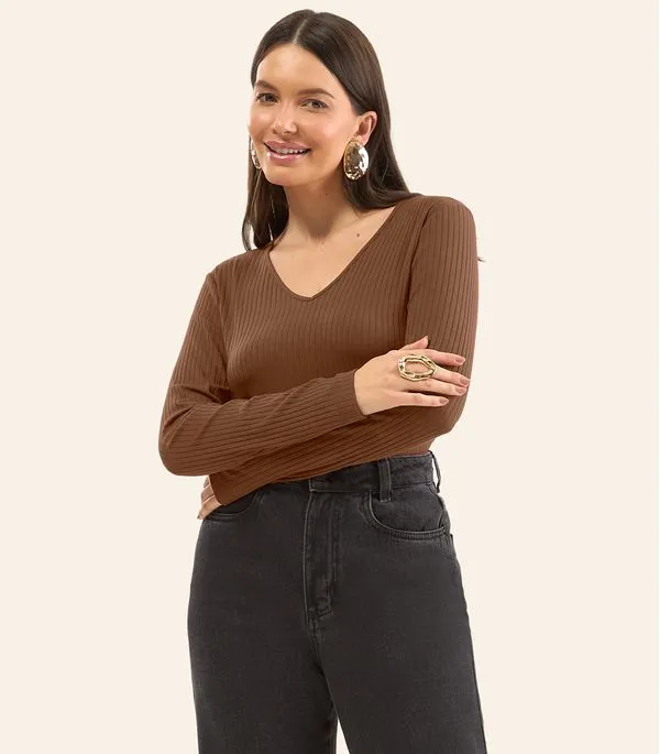 Blusa Manga Longa Em Ribana Canelada Rovitex Marrom M