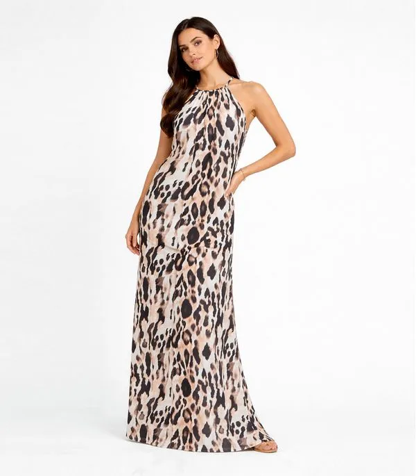 Vestido Longo Estampado Sem Manga Infinita Cor Bege GG