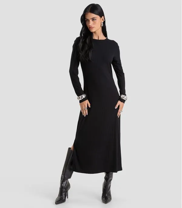 Vestido Midi Canelado Leves Defeitos Dianna Preto GG