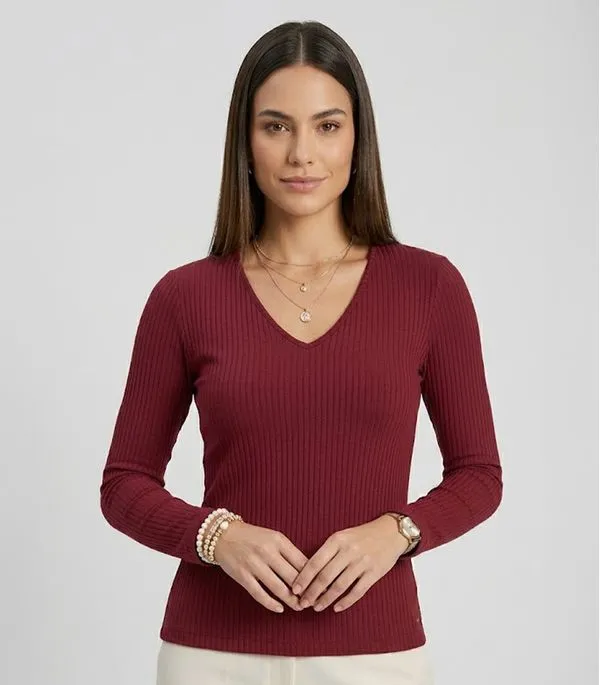 Blusa Manga Longa Em Ribana Canelada Rovitex Vermelho P