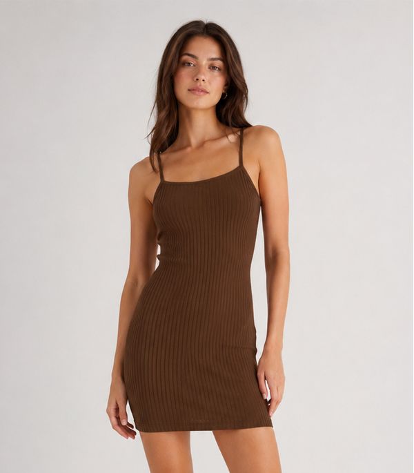 Vestido Canelado De Alça Select Marrom G