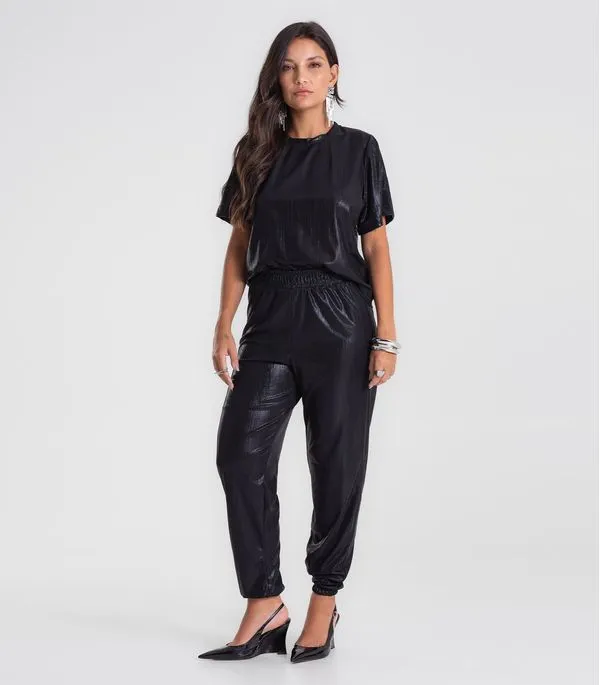 Calça Feminina Aladim em Malha Plissada Dianna Preto G