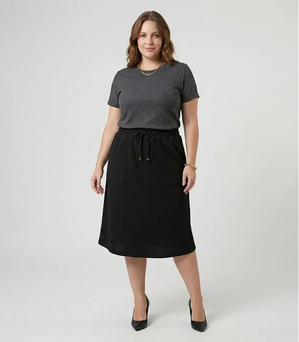 Saia Midi Com Bolso Plus Size Secret Glam Preto Plus G1