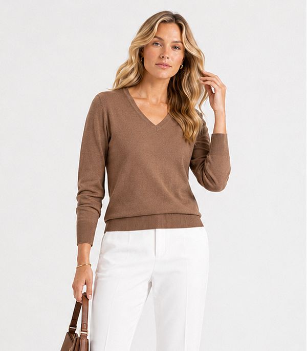 Suéter Feminino Gola V Em Tricot Rovitex Marrom GG